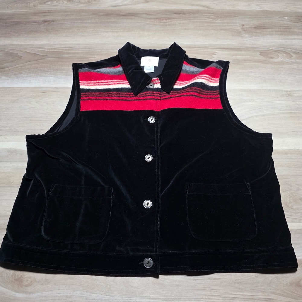 Susan Bristol Vest Women XL Black Velvet Red Wool Striped Knit Button Front SB11